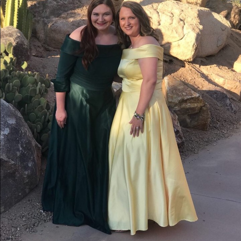 Green satin off the shoulder formal dress